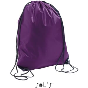 A purple drawstring bag with black cords and a logo at the bottom.