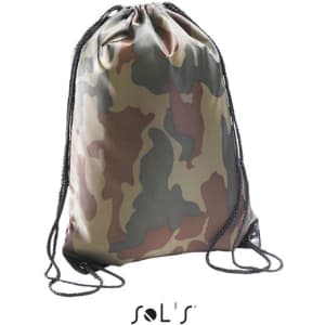 A camouflaged drawstring backpack with black cord straps and a branded logo at the bottom.