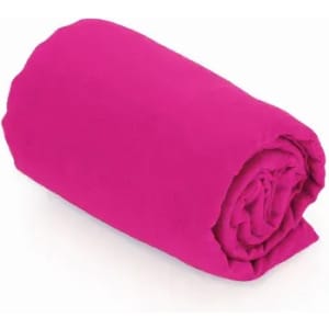 A rolled-up towel in a vibrant pink colour, featuring a soft texture. It has a simple design without any logos.