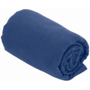 A rolled navy blue blanket made from soft fabric, featuring a simple design. It has a smooth texture and is compact.