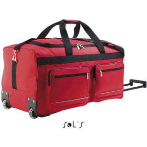 A large red travel bag with casters, a carry handle, and two front zippered pockets. Includes branding.