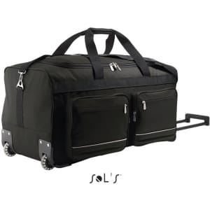 A large black travel bag with casters and a carry handle, featuring two front zippered pockets and a logo.