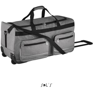 A large grey travel bag with casters and a carry handle, featuring two front pockets and a logo.
