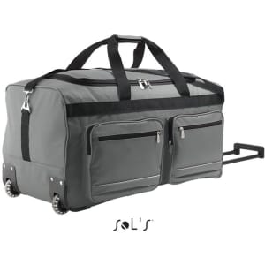 A large grey travel bag with casters, a carry handle, and two front pockets. It features a logo on the side.
