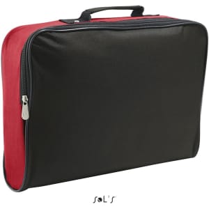 A red and black satchel made from 600D polyester, featuring a zip closure and a handle on top.