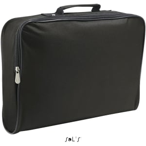 A black satchel made from 600D polyester with a zipper and a handle. It features a logo on the front.