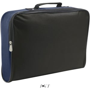 A satchel featuring a navy blue and black design, with a handle and zip closure. It includes a branding logo.