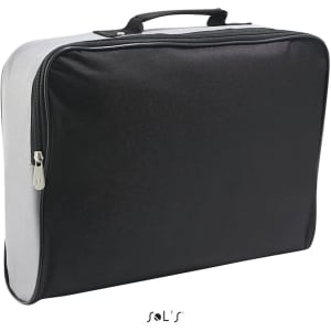 A black and grey satchel made of 600D polyester, featuring a zip closure and a carry handle.