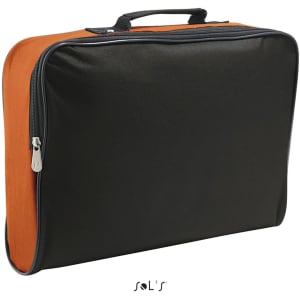 A black and orange satchel made of 600D polyester, featuring a zip closure and a sturdy handle.