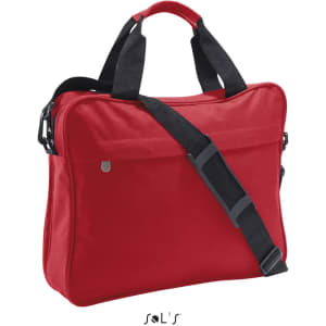 A red briefcase made of 600D polyester, featuring shoulder straps and a logo.