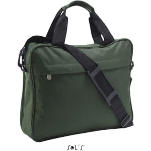 A dark green briefcase made of 600D polyester, featuring a detachable shoulder strap and a logo.