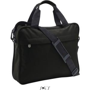 A black 600D polyester briefcase with dual handles and an adjustable shoulder strap. It features a branding logo.
