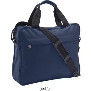 A navy blue briefcase made of 600D polyester, featuring dual handles and a detachable shoulder strap.