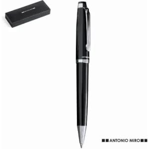 A black pen with a silver clip, packaged in a black box, featuring a logo on the pen.