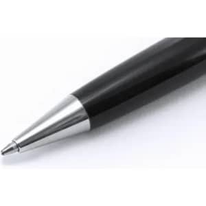 A black pen with a silver tip and sleek design. The pen has a smooth surface and a polished finish.
