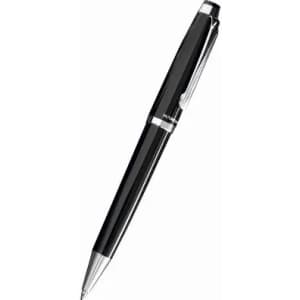 A black pen with a shiny silver clip and detailing, featuring a sleek design and smooth finish.