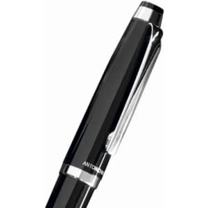 A black pen with a shiny chrome clip and detailing, featuring a logo on the side.