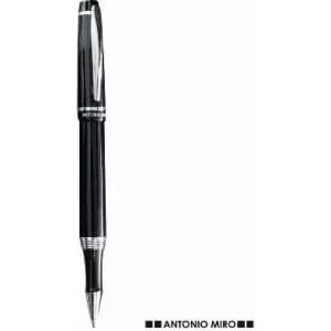 A black pen with a shiny finish and silver accents, featuring a logo branding on the barrel.
