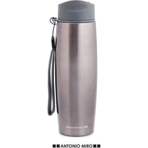 A drink bottle with a stainless steel finish, grey lid, and a black strap for easy carrying. It features a logo.