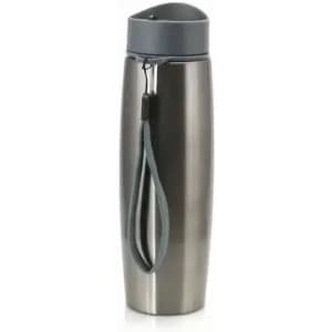 A drink bottle in a sleek metallic finish with a grey lid and a carrying strap. It features a logo.