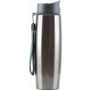 A drink bottle with a sleek stainless steel finish, grey lid, and a wrist strap. It features a logo on the side.
