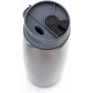 A drink bottle with a sleek silver finish and a grey top featuring an opening mechanism. It has a logo on the side.