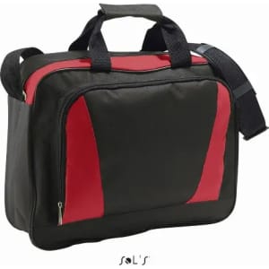 A black and red briefcase featuring a logo, with a shoulder strap and dual carry handles.