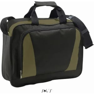 A black and olive green briefcase with shoulder strap and handles, featuring a sleek design and a logo.