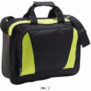 A black briefcase with lime green accents, featuring a shoulder strap and sturdy handles, and includes a logo.