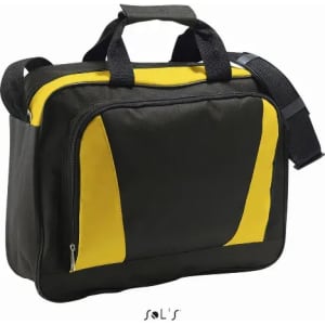 A black and yellow briefcase with a shoulder strap and dual handles, featuring a logo.