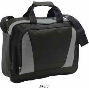 A black and grey briefcase made of 600D polyester, featuring handles and a shoulder strap. It has a logo on it.