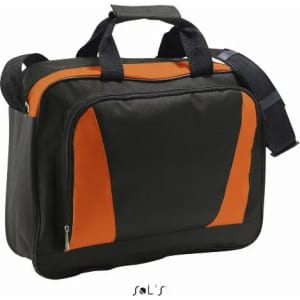 A black briefcase with orange accents, featuring handles and a detachable shoulder strap. It has a logo on the front.