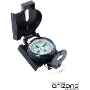 A compass with a black casing and a clear dial featuring cardinal directions. It has a logo on the base.