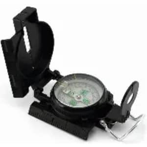 A compass in black casing, with a clear face displaying directional markings and a hinged cover.