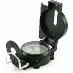 A black compass with a transparent cover, featuring a needle and degree markings, and a logo on the side.