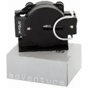 A black outdoor measuring reel on a light grey base, featuring a locking mechanism and a logo.