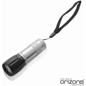 A compact torch with a black and silver design, featuring a wrist strap and a circular light output.