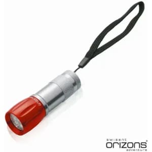 A torch featuring a red head and silver body, with a wrist strap attached, and a logo on the side.