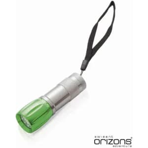 A green and silver flashlight with a wrist strap and a logo on the base.