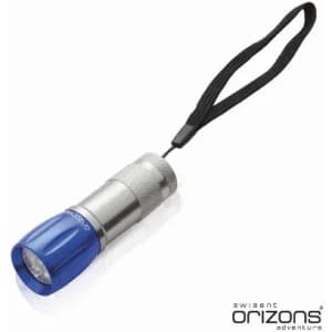 A compact blue and silver flashlight with a wrist strap and a textured grip. It features a logo on the body.