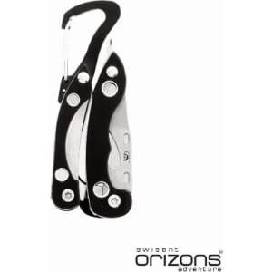 A multi-tool with a black and silver design, featuring a carabiner clip and various tools. It includes a logo.