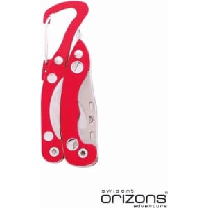 A multi-tool with a red body and stainless steel blade, featuring a carabiner clip and several tools.