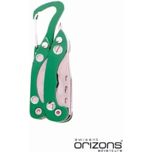 A green multi-tool with a silver metal blade and carabiner clip, featuring a logo on the base.