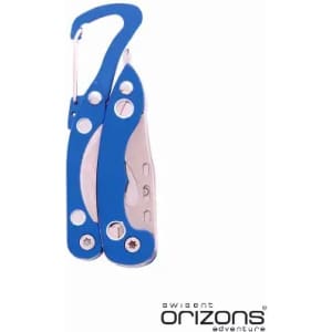 A multi-tool in blue with a sleek design, featuring a silver blade and a carabiner clip, along with a logo.