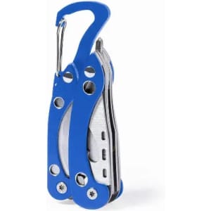 A multi-tool with a blue handle and silver metal components, featuring a carabiner for attachment.