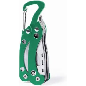 A green multi-tool with a carabiner clip, featuring various tools and a sleek, compact design.
