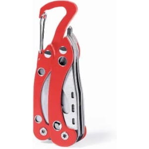 A multi-tool with a red handle and silver metallic components, featuring a carabiner clip for easy attachment.