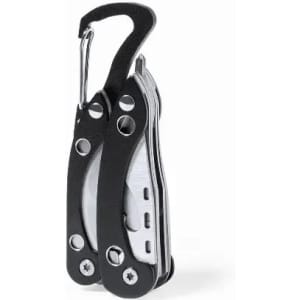 A multi-tool with a silver metallic finish and black accents, featuring a carabiner clip for easy attachment.