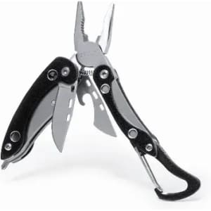 A multitool with pliers, blades, and a black handle, featuring a carabiner for easy attachment.