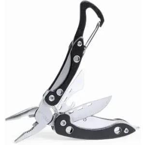 A multi-tool with pliers, several blades, and a black and silver design, featuring a handle for easy carrying.